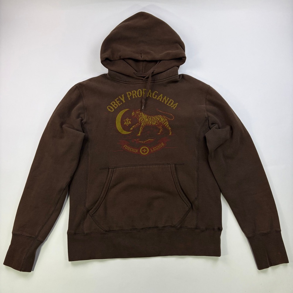 Obey Propaganda Foreign Legion Hoodie Mens Medium Brown Graphic Tiger Pullover